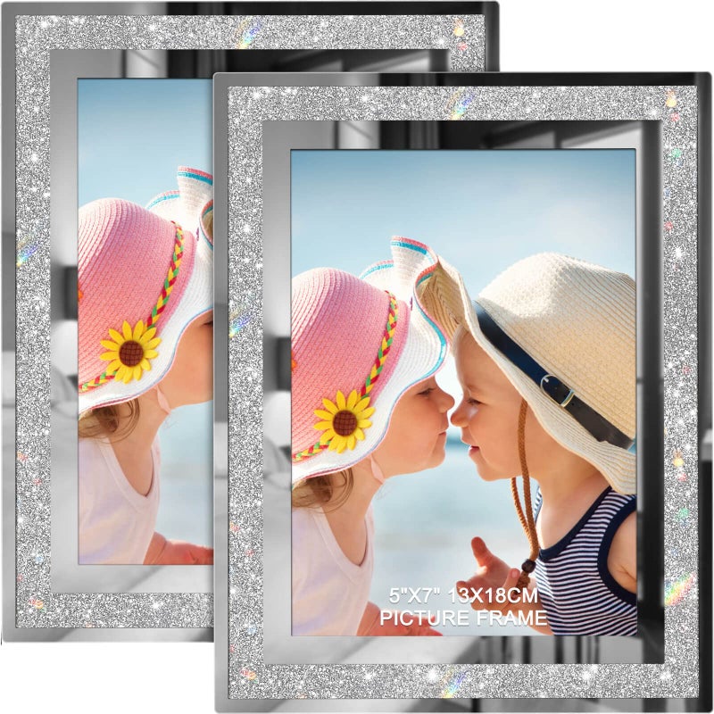 IZIDDO 5x7 Picture Frames Set of 2 Glitter Glass Photo Frame for Tabletop Display Gift Picture Frame Horizontally or Vertically