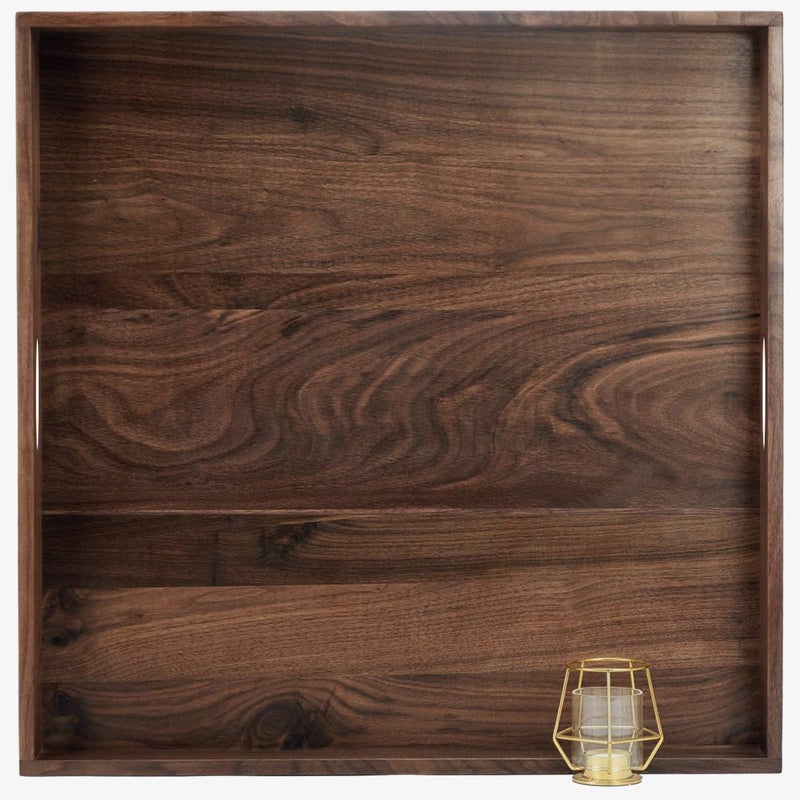 MAGIGO 26 x 26 Inches Extra Large Square Black Walnut Wood Ottoman Tray with Handles Serve Tea Coffee Classic Wooden Decorative Serving Tray
