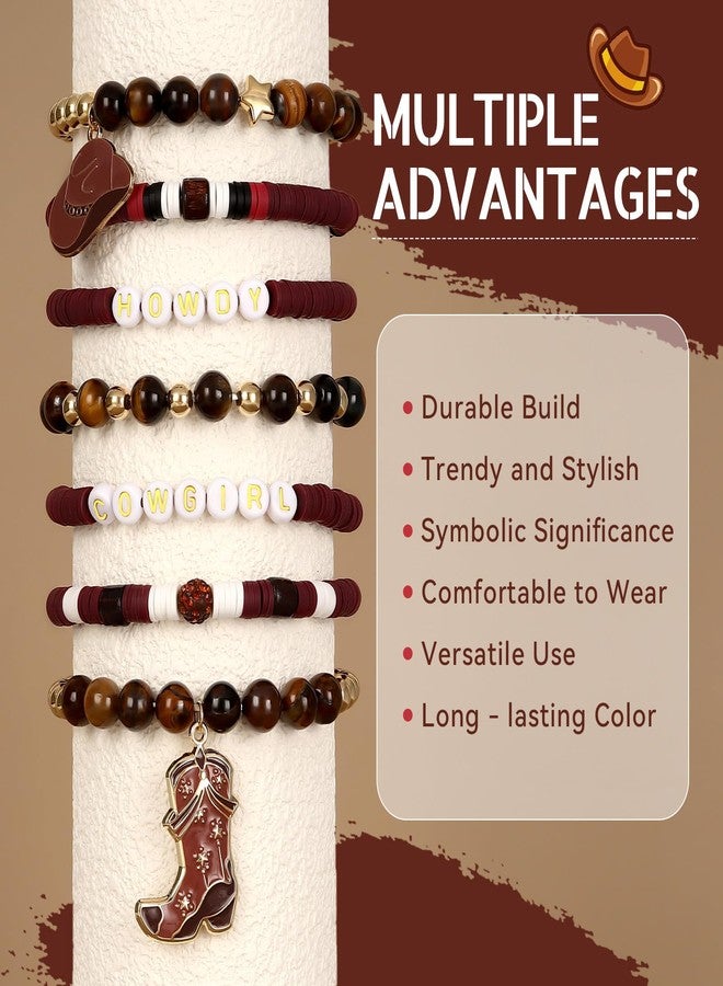 JOLYEAK 7Pcs Western Cowgirl Bracelets,Rainbow Clay Beaded Bracelet,Vintage Beaded Western Bracelet,Stackable Bohemian Bracelets for Women Cowgirl (Brown) - Image 3