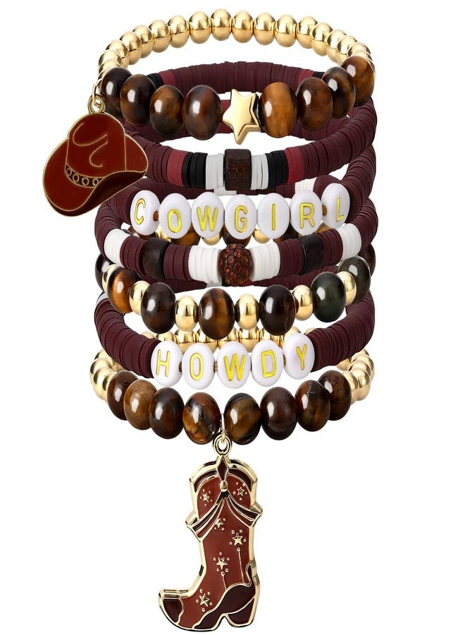 JOLYEAK 7Pcs Western Cowgirl Bracelets,Rainbow Clay Beaded Bracelet,Vintage Beaded Western Bracelet,Stackable Bohemian Bracelets for Women Cowgirl (Brown) - Image 1