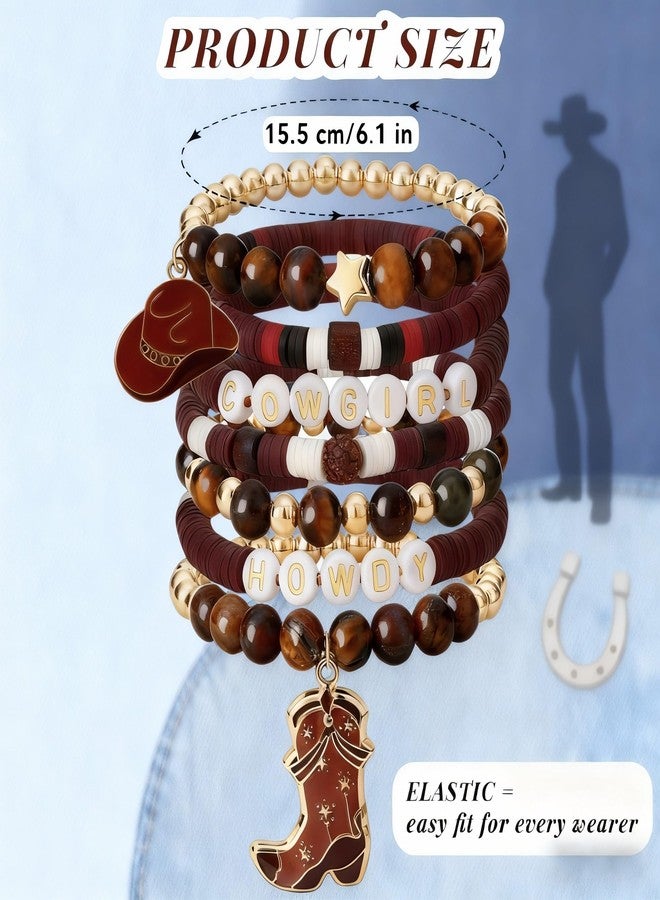 JOLYEAK 7Pcs Western Cowgirl Bracelets,Rainbow Clay Beaded Bracelet,Vintage Beaded Western Bracelet,Stackable Bohemian Bracelets for Women Cowgirl (Brown) - Image 2