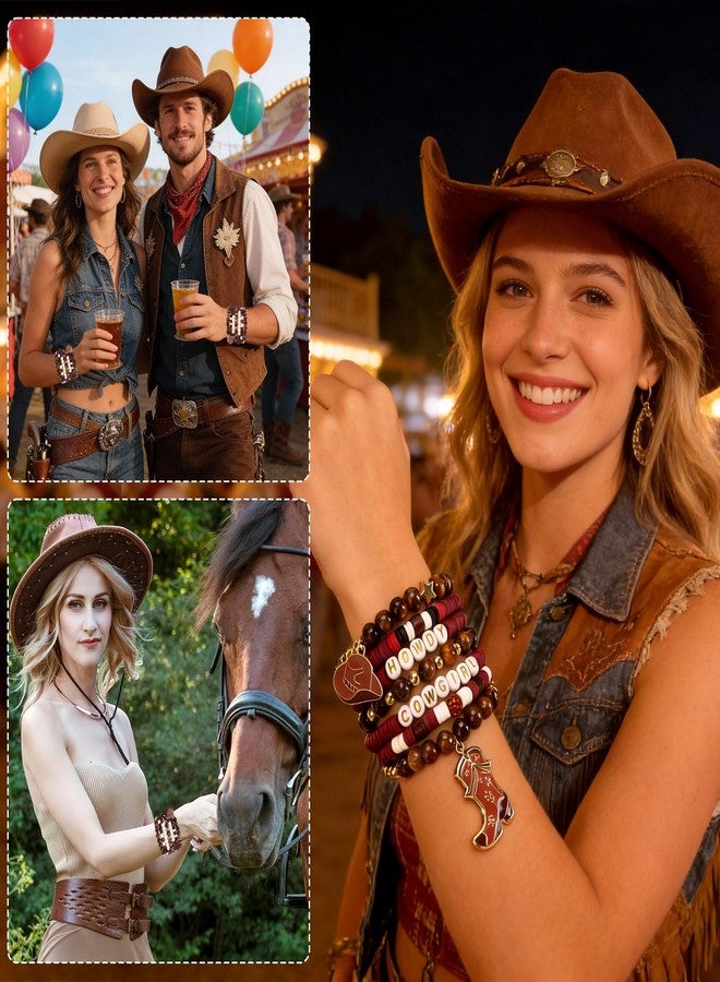JOLYEAK 7Pcs Western Cowgirl Bracelets,Rainbow Clay Beaded Bracelet,Vintage Beaded Western Bracelet,Stackable Bohemian Bracelets for Women Cowgirl (Brown) - Image 5