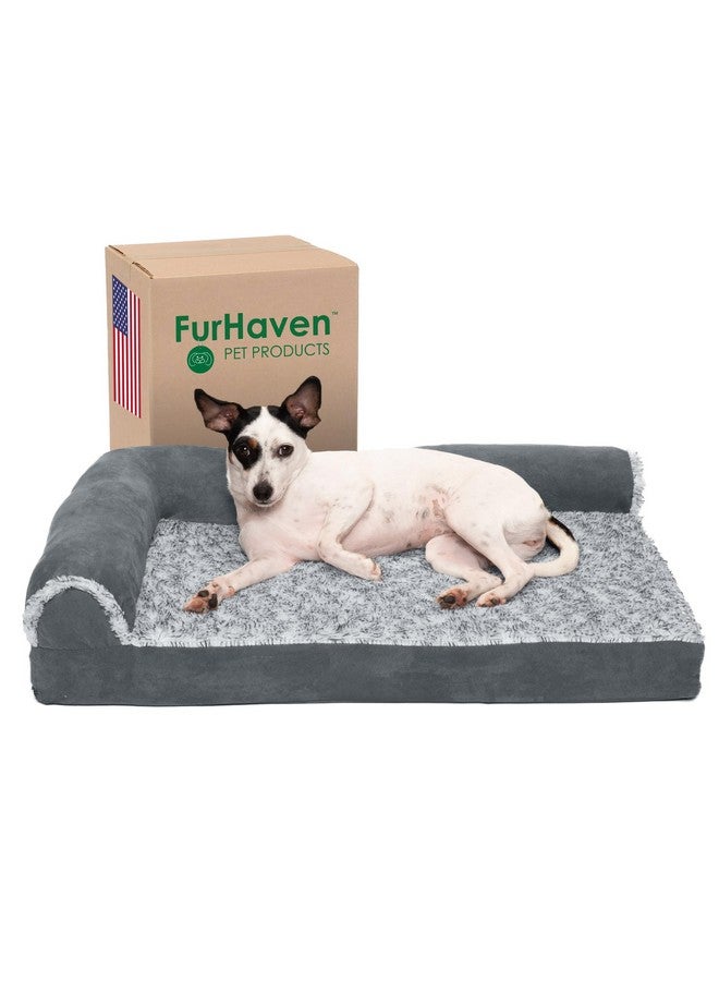 سرير للكلاب من فرهافن مصنوع من إسفنج الذاكرة للكلاب المتوسطة والصغيرة مع وسائد قابلة للإزالة وغطاء قابل للغسل، مناسب للكلاب التي يصل وزنها إلى 35 رطلاً - كرسي طويل على شكل حرف L من الفرو الصناعي الفاخر بلونين وجلد سويدي - رمادي حجري، متوسط - Image 1
