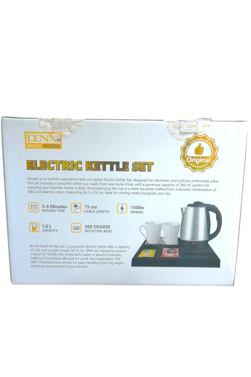 Denx Electric Kettle Set for Hotels and Homes with 2 Ceramic Cups 1500W 1.8L Silver - Image 3