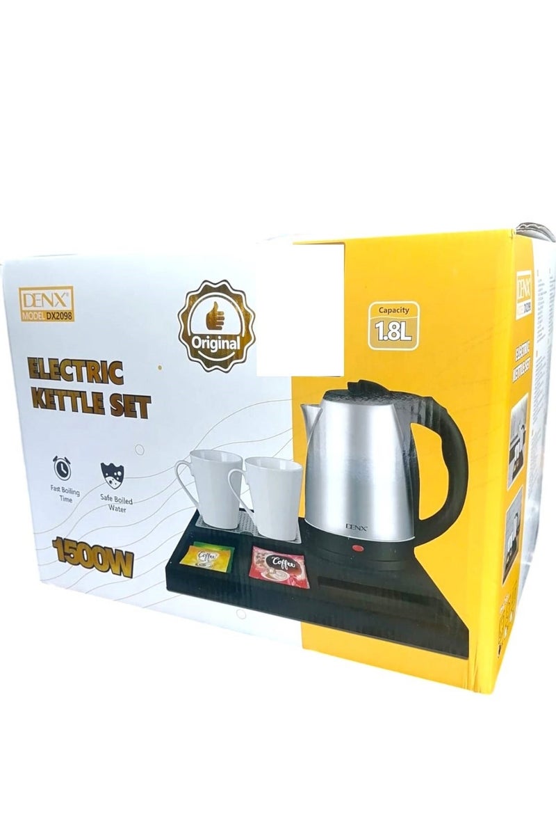Denx Electric Kettle Set for Hotels and Homes with 2 Ceramic Cups 1500W 1.8L Silver - Image 1