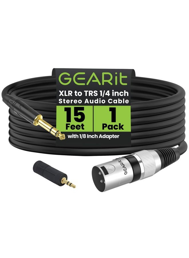 GearIT XLR Male to TRS Male 1/4 inch 6.35mm (TRS to XLR Male Cable) 15 Feet - with 1/8 inch 3.5mm Adapter - Image 1