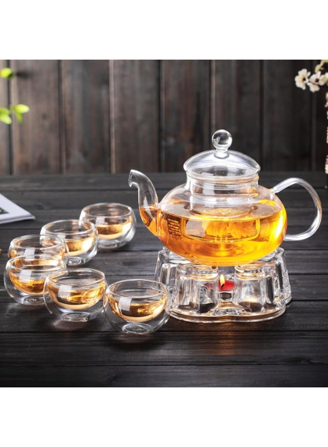 طقم أباريق شاي زجاجية، طقم شاي زجاجي من 8 قطع، إبريق شاي واحد سعة 600 مل، حامل شموع على شكل قلب و6 أكواب سعة 50 مل مع مصفاة قابلة للإزالة، أطقم هدايا الشاي - Image 1