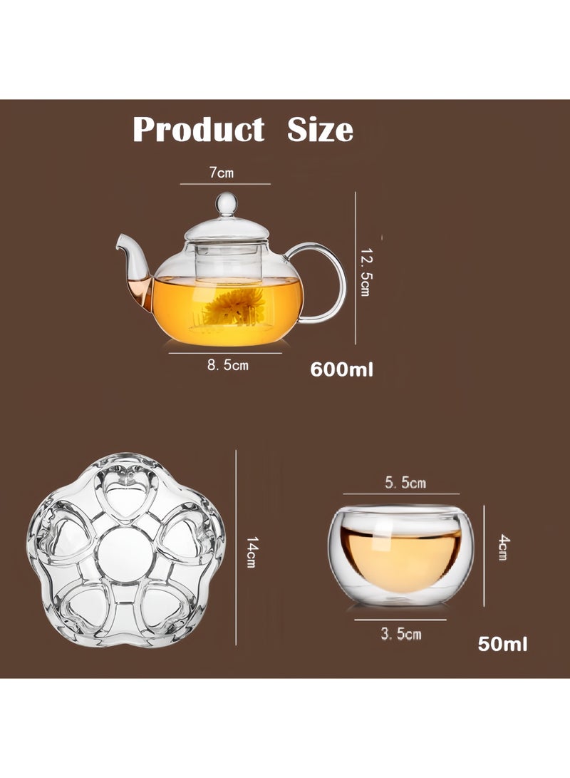 طقم أباريق شاي زجاجية، طقم شاي زجاجي من 8 قطع، إبريق شاي واحد سعة 600 مل، حامل شموع على شكل قلب و6 أكواب سعة 50 مل مع مصفاة قابلة للإزالة، أطقم هدايا الشاي - Image 3