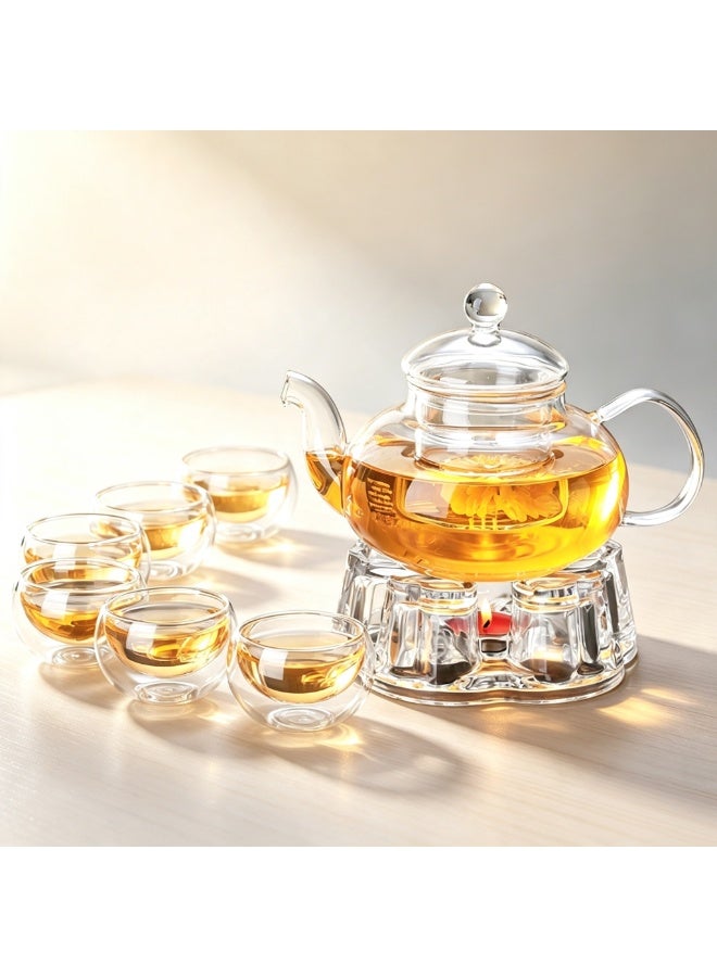 Glass Teapot Set, 8 Piece Glass Tea Set with 1 Teapot 600ml, 1 Heart Shape Candle Holder and 6 Cups 50ml with Removable Infuser - Image 1