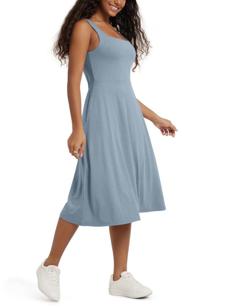ODODOS Women's Square Neck Midi Dress with Pockets - Ultra Soft odSTRATUM Tech Summer Sleeveless Sundress Flare Tank Dress, Dusty Blue Heather, Medium - Image 1