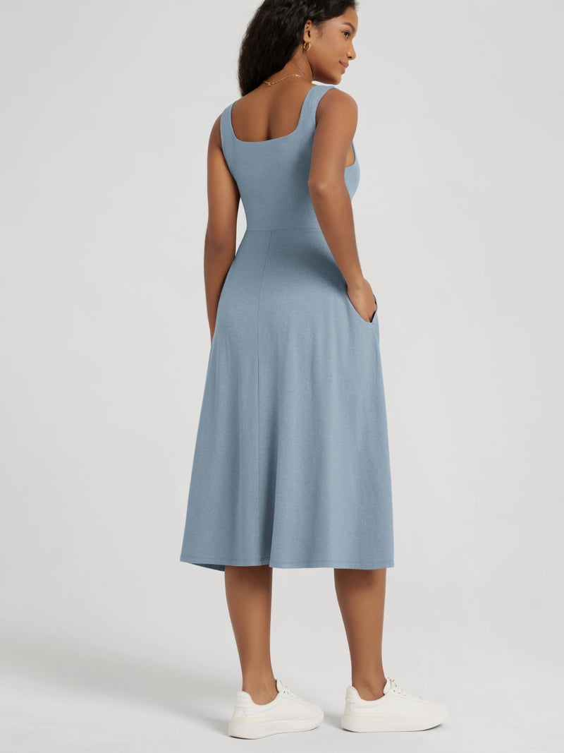 ODODOS Women's Square Neck Midi Dress with Pockets - Ultra Soft odSTRATUM Tech Summer Sleeveless Sundress Flare Tank Dress, Dusty Blue Heather, Medium - Image 3
