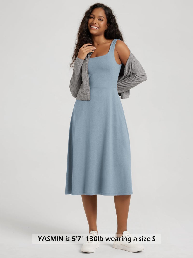 ODODOS Women's Square Neck Midi Dress with Pockets - Ultra Soft odSTRATUM Tech Summer Sleeveless Sundress Flare Tank Dress, Dusty Blue Heather, Medium - Image 4