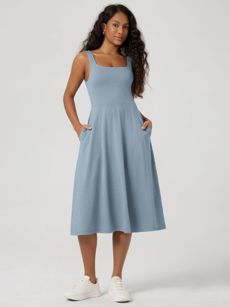 ODODOS Women's Square Neck Midi Dress with Pockets - Ultra Soft odSTRATUM Tech Summer Sleeveless Sundress Flare Tank Dress, Dusty Blue Heather, Medium - Image 2
