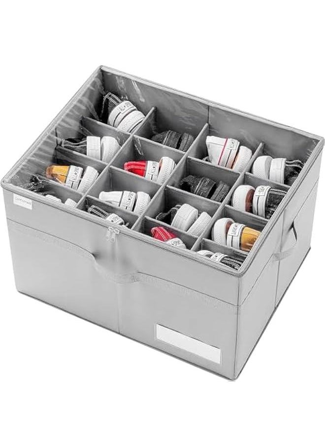 HOOKOR Shoe Organizer for Closet, Fits 16 Pairs, Large Shoe Box Storage Containers, Clear Foldable Shoe Storage Bins w/Bottom Support, Space Saving Shoes Holder w/Reinforced Handles, Gray  - Image 1