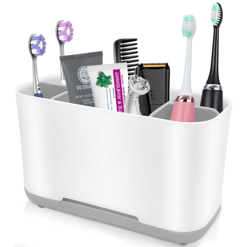Toothbrush Holder with AntiSlipPlastic Detachable for Easy Cleaning MultiFunctional StorageLarge Electric Toothbrush and Toothpaste Organizer Caddy for Bathroom VanitySinkCountertop Grey