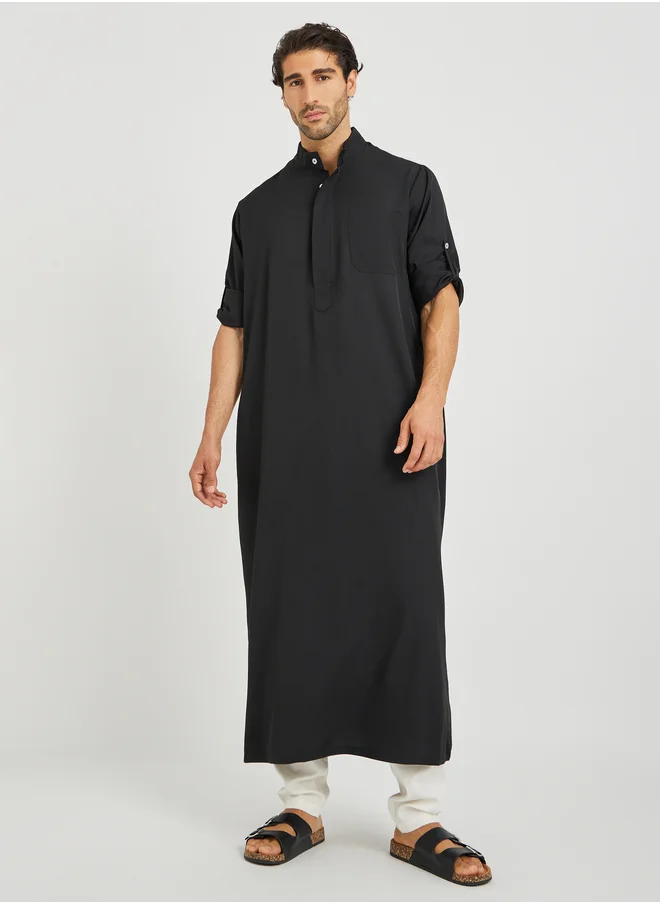 تايك تو Take Two Men Black Solid Stand Collar Button Front Long Sleeve Thobe