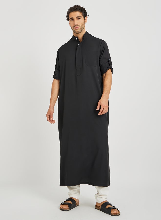 Take Two Take Two Men Black Solid Stand Collar Button Front Long Sleeve Thobe  - Image 2