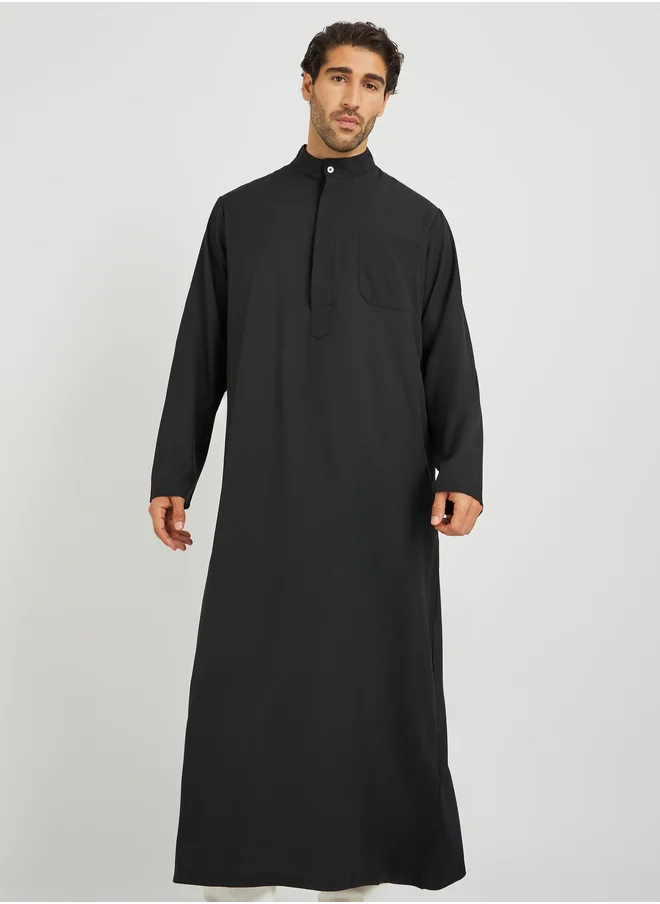 تايك تو Take Two Men Black Solid Stand Collar Button Front Long Sleeve Thobe