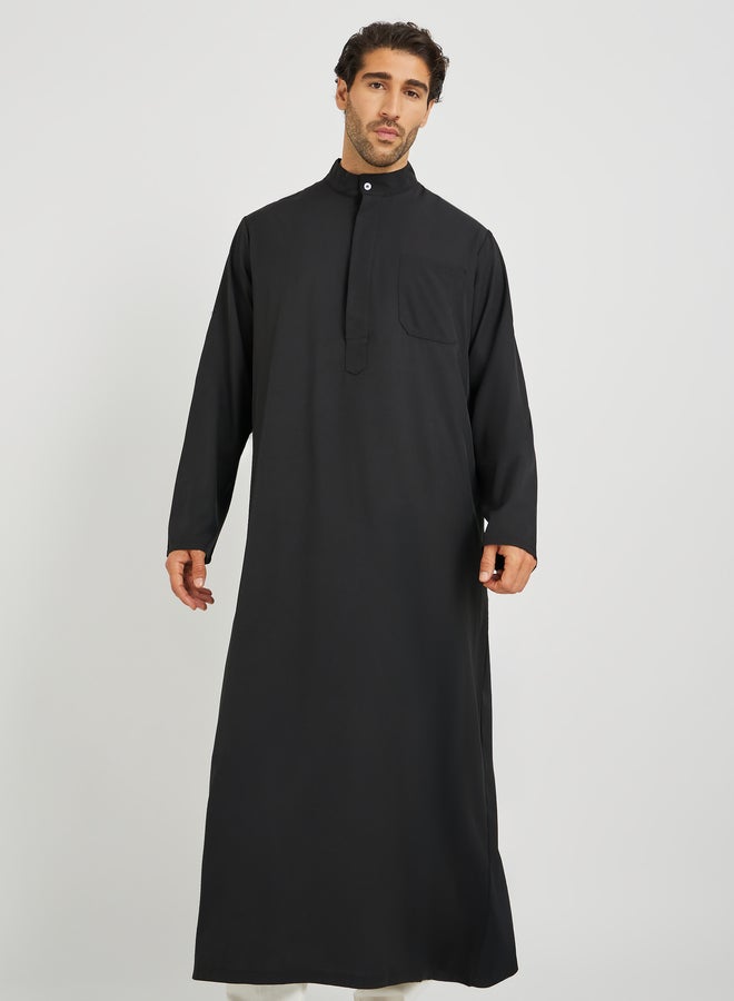 Take Two Take Two Men Black Solid Stand Collar Button Front Long Sleeve Thobe  - Image 1