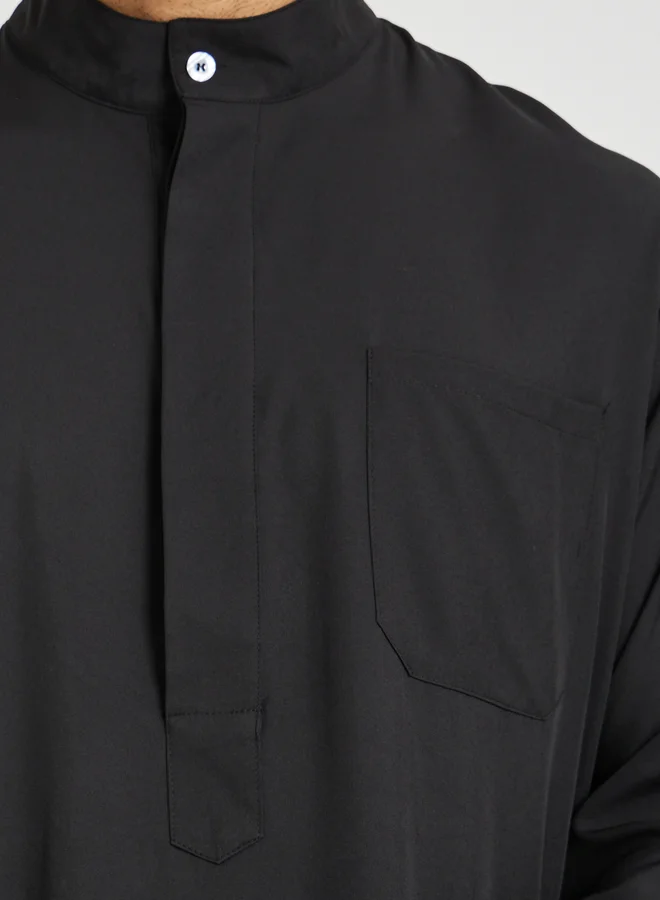 Take Two Take Two Men Black Solid Stand Collar Button Front Long Sleeve Thobe