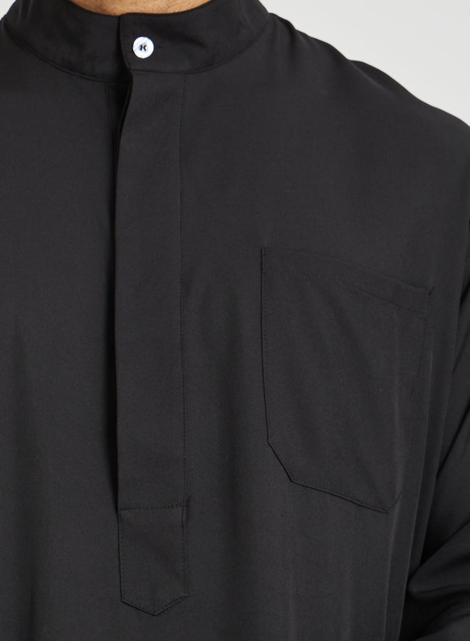 Take Two Take Two Men Black Solid Stand Collar Button Front Long Sleeve Thobe  - Image 3