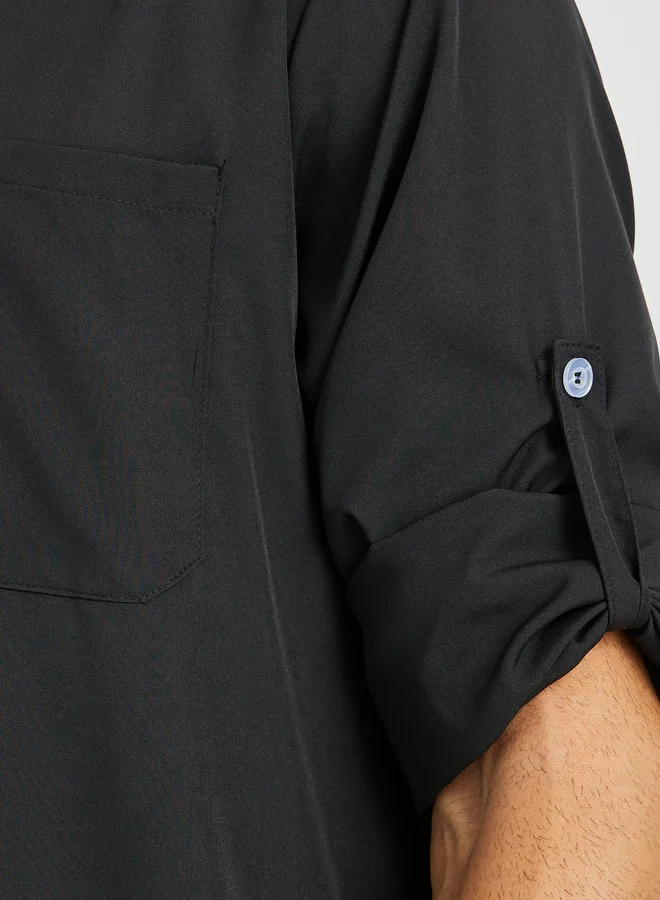 Take Two Take Two Men Black Solid Stand Collar Button Front Long Sleeve Thobe