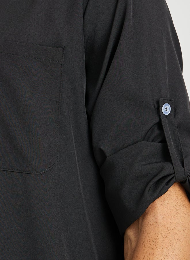 Take Two Take Two Men Black Solid Stand Collar Button Front Long Sleeve Thobe  - Image 4