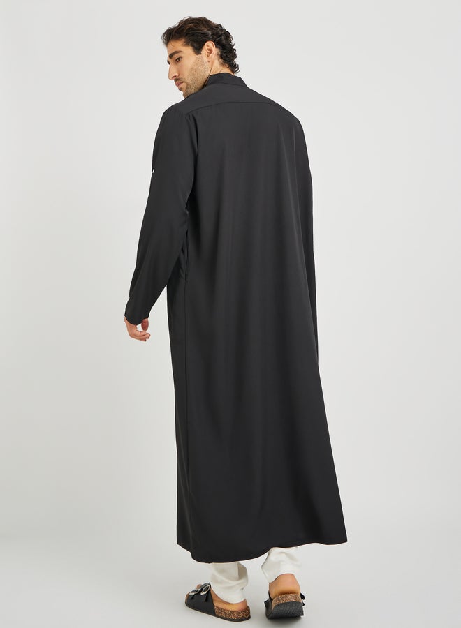 Take Two Take Two Men Black Solid Stand Collar Button Front Long Sleeve Thobe  - Image 5