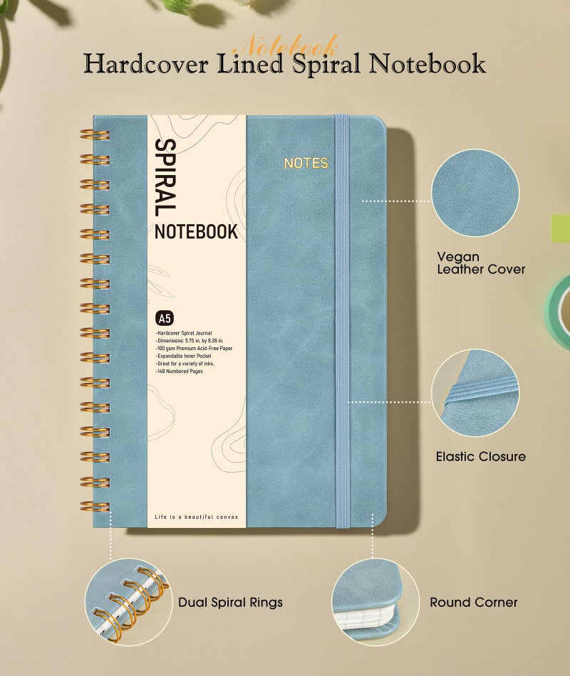 PAPEJOON Dotted Spiral Journal Notebook, A5 Hardcover Spiral Journals for Women Men, 100 GSM Dot Grid Paper Notebooks, 150 Pages Spiral Bullet Dotted Notebook for Writing Note Taking 5.75" x 8.38", Misty Blue - Image 2
