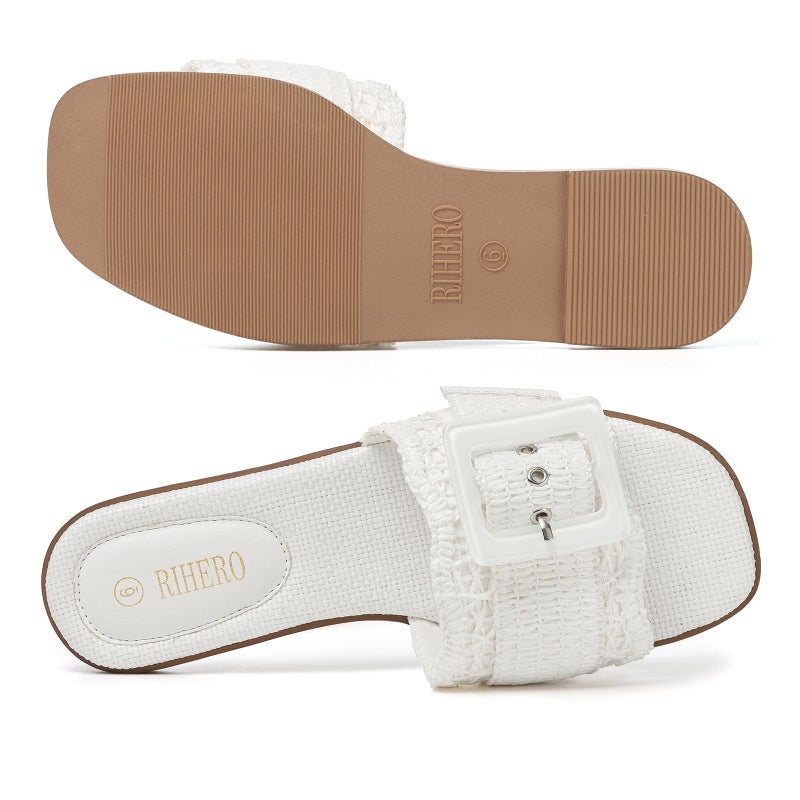 Rihero Flat Sandals for Women Square Toe Raffia Slide Sandals Summer Dressy Slip On Buckle Straw White Beach Slides White Size 8 - Image 5