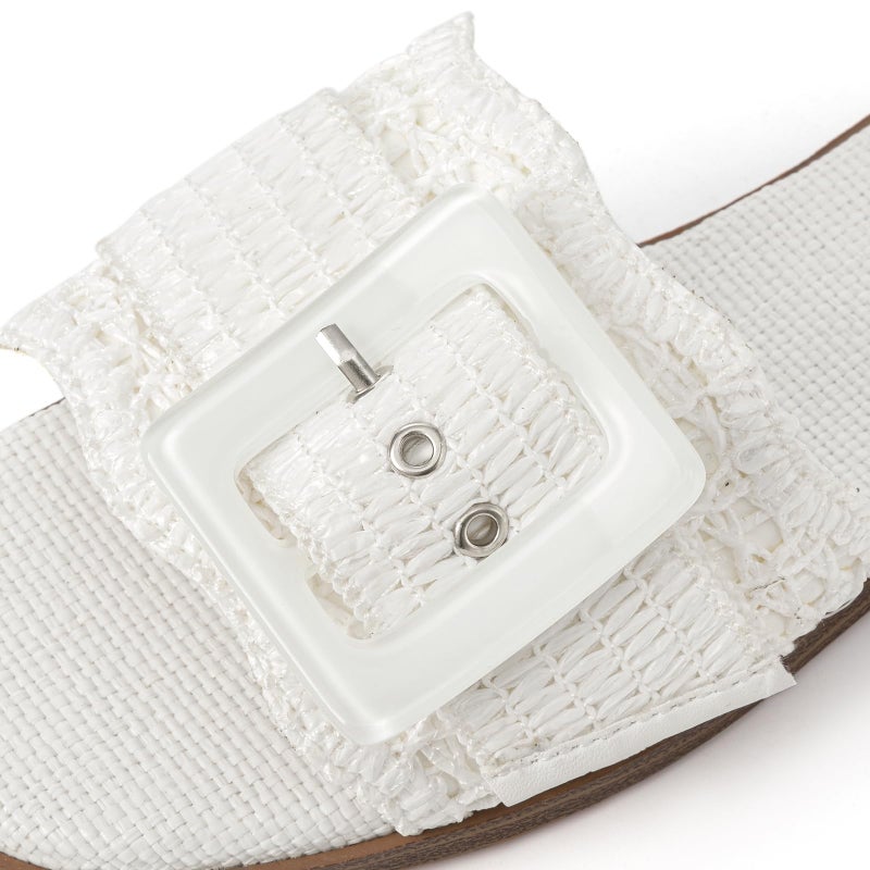 Rihero Flat Sandals for Women Square Toe Raffia Slide Sandals Summer Dressy Slip On Buckle Straw White Beach Slides White Size 8 - Image 4