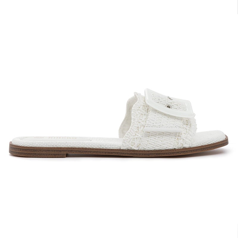 Rihero Flat Sandals for Women Square Toe Raffia Slide Sandals Summer Dressy Slip On Buckle Straw White Beach Slides White Size 8 - Image 3