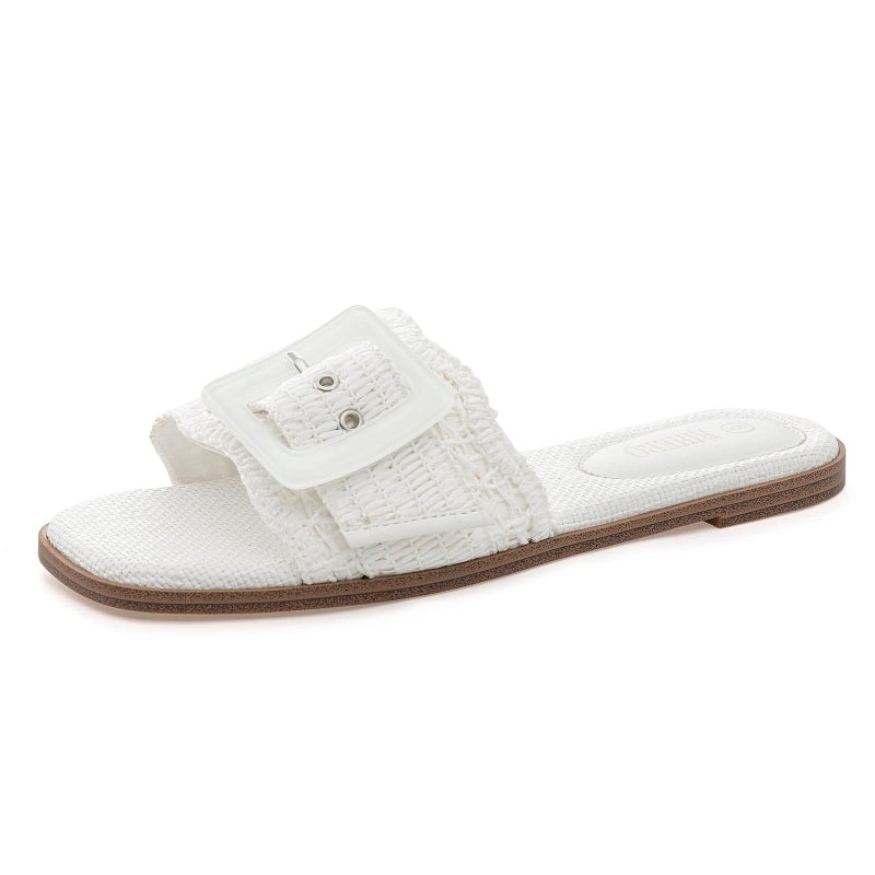 Rihero Flat Sandals for Women Square Toe Raffia Slide Sandals Summer Dressy Slip On Buckle Straw White Beach Slides White Size 8 - Image 1