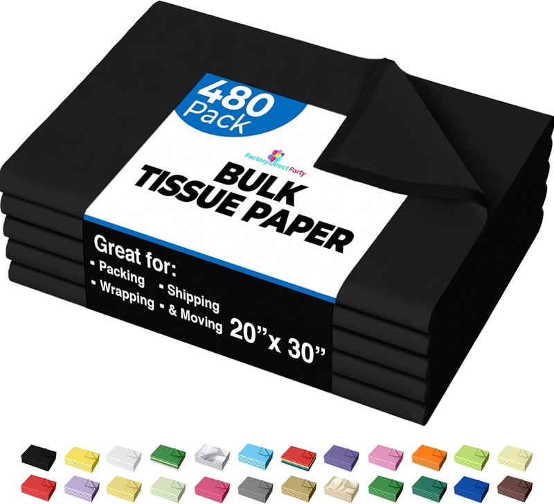 Party Solids Black Tissue Paper for Gift Bags - 20" X 30" Bulk Tissue Paper Black 480 Sheets - 10lb Newsprint for Packing, Birthday Gift Box Filler, Packing Supplies for Moving Supplies - Image 1