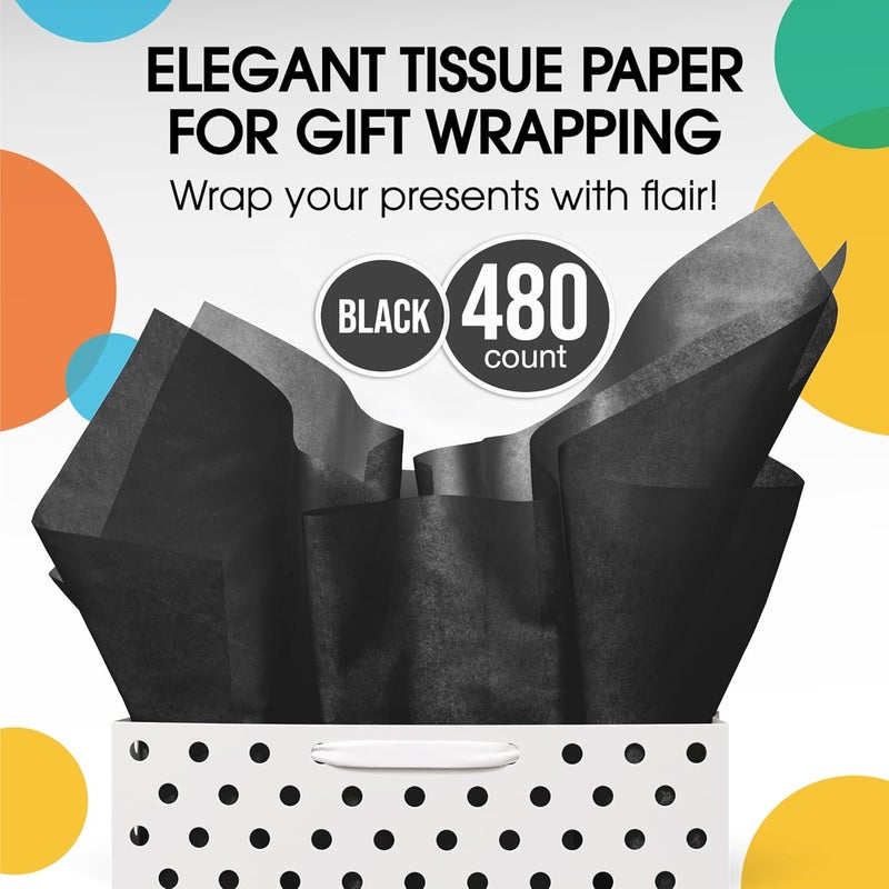 Party Solids Black Tissue Paper for Gift Bags - 20" X 30" Bulk Tissue Paper Black 480 Sheets - 10lb Newsprint for Packing, Birthday Gift Box Filler, Packing Supplies for Moving Supplies - Image 4