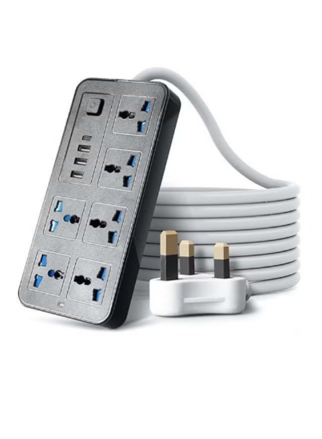 5 meters Universal Extension Lead with Multiple Function UK Plug 3 Pin Socket Outlet with 6 Gang 3 USB Port 1 Type-C Port 5M Electric Socket Mains Strip for Home Kitchen and Office 5 meters