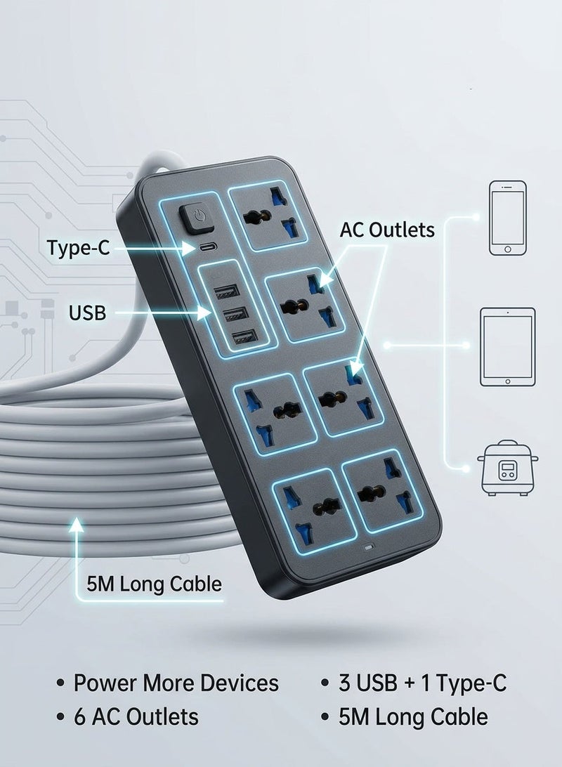 Hirospace 5 meters Universal Extension Lead with Multiple Function UK Plug 3 Pin Socket Outlet with 6 Gang 3 USB Port 1 Type-C Port 5M Electric Socket Mains Strip for Home Kitchen and Office 5 meters - Image 2