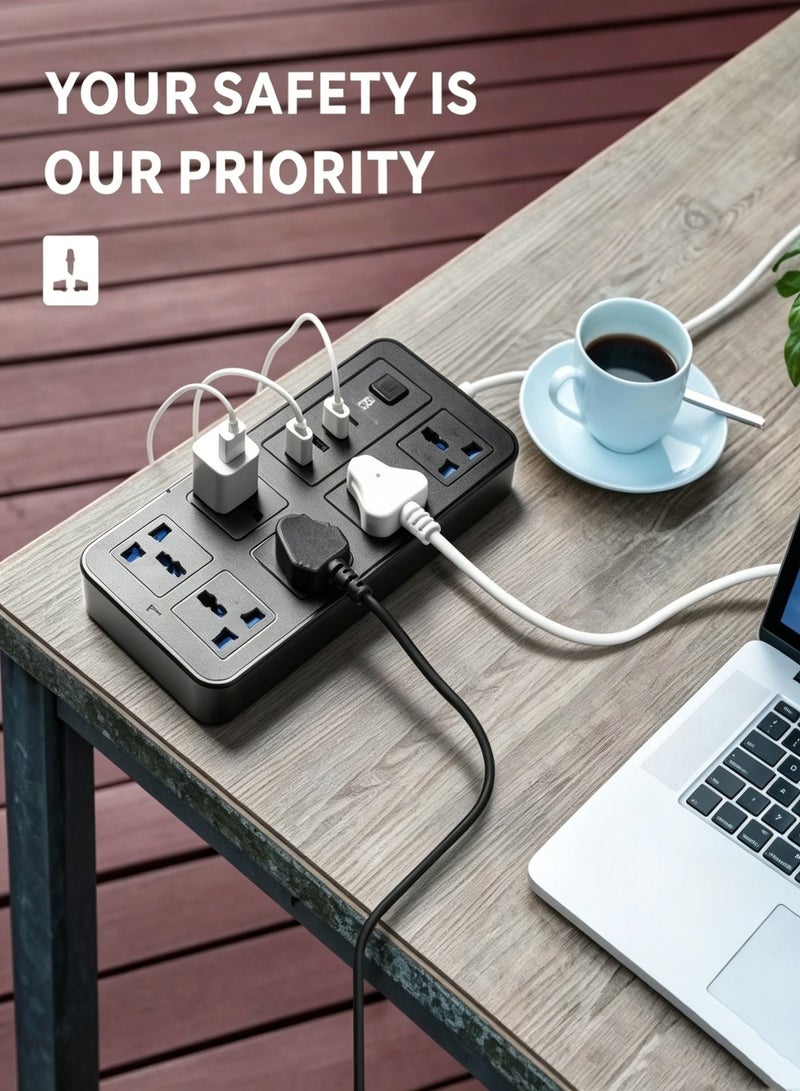 Hirospace 5 meters Universal Extension Lead with Multiple Function UK Plug 3 Pin Socket Outlet with 6 Gang 3 USB Port 1 Type-C Port 5M Electric Socket Mains Strip for Home Kitchen and Office 5 meters - Image 4