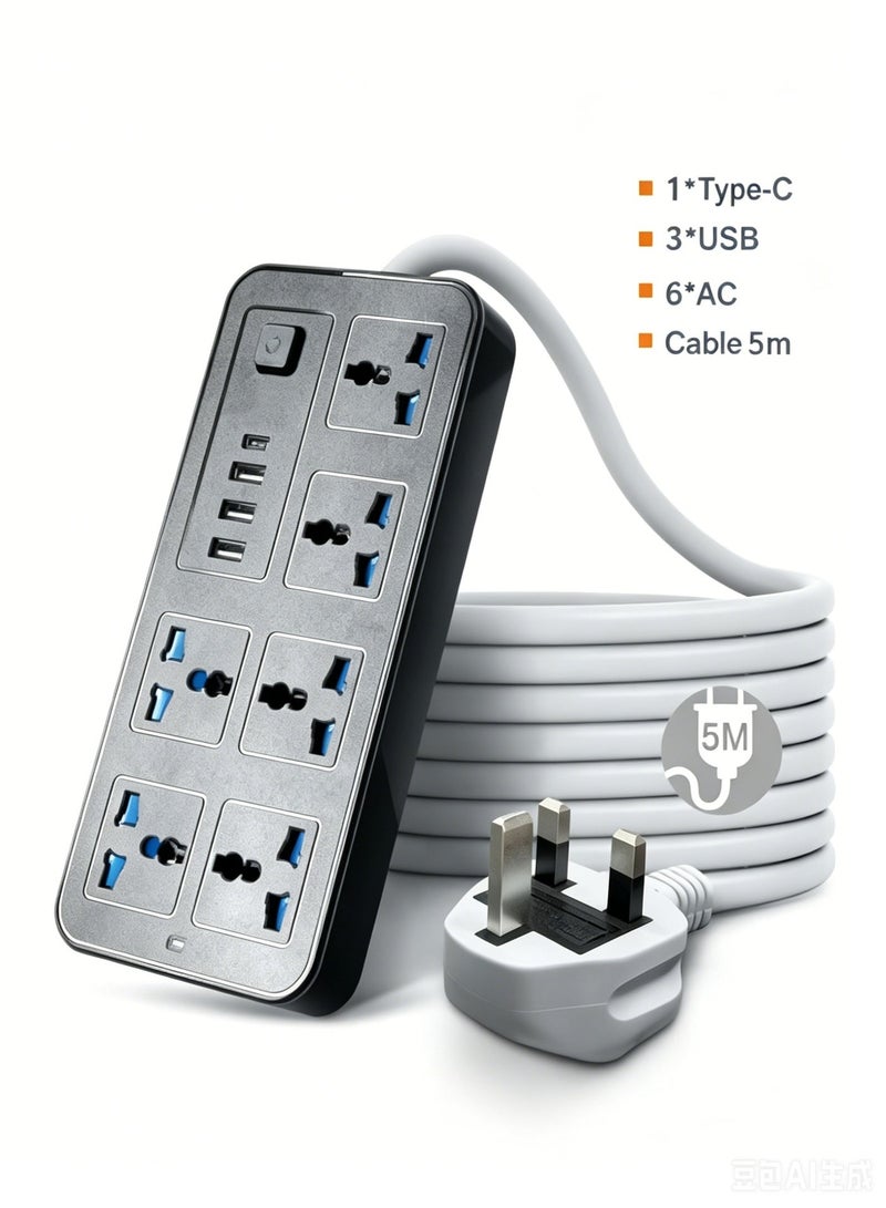 Hirospace 5 meters Universal Extension Lead with Multiple Function UK Plug 3 Pin Socket Outlet with 6 Gang 3 USB Port 1 Type-C Port 5M Electric Socket Mains Strip for Home Kitchen and Office 5 meters - Image 1