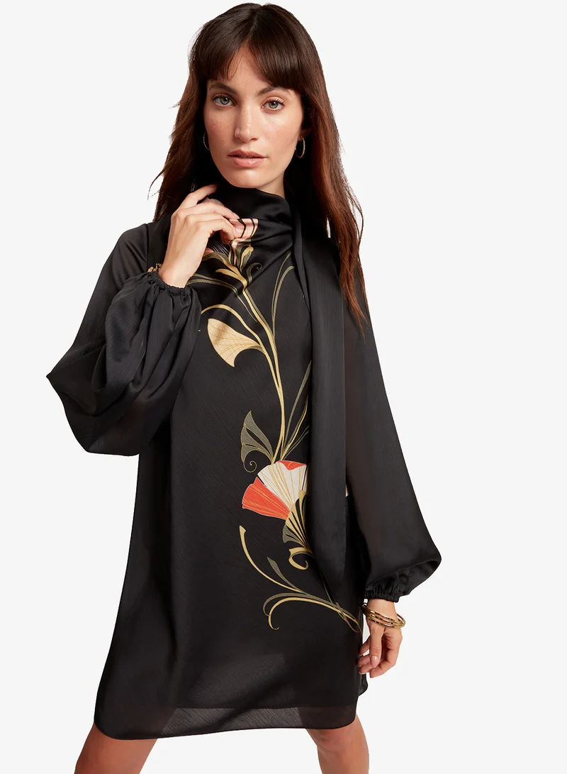 Neck Tie Printed Mini Dress