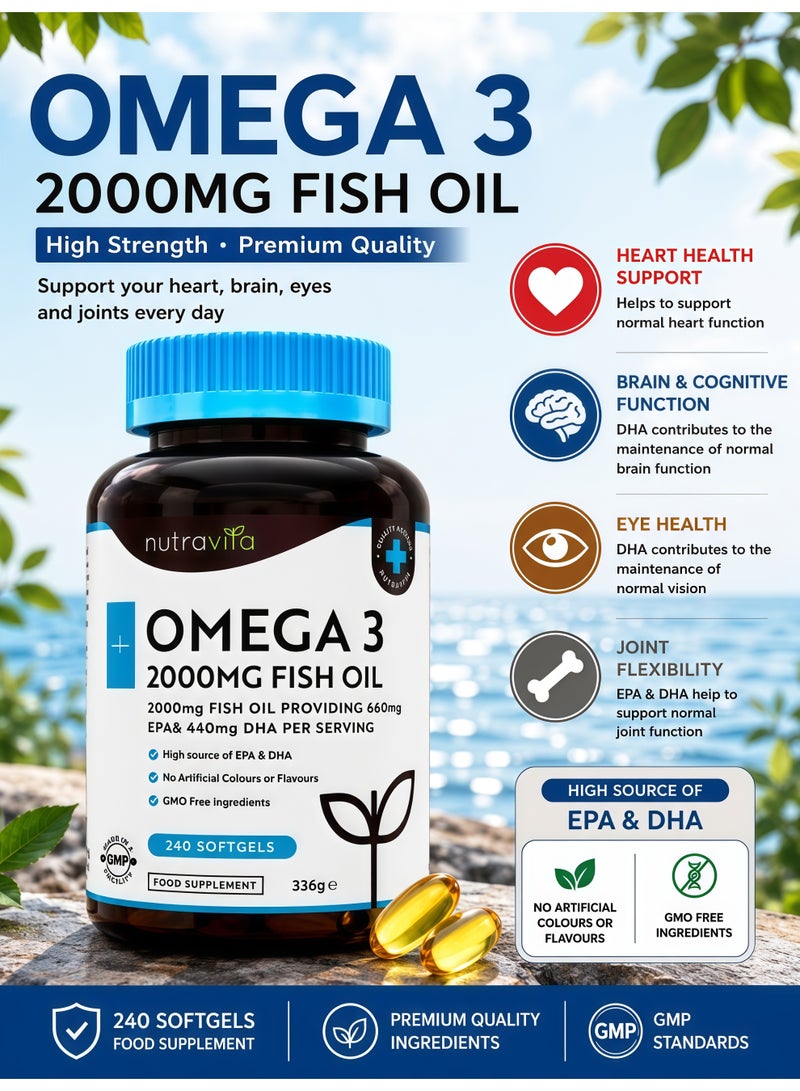 أوميغا 🐟 نترافيتا زيت سمك أوميغا 3 عالي الفعالية 2000 ملغ، 660 ملغ إي بي إيه و 440 ملغ دي إتش إيه، أسماك برية مقطرة جزيئياً، 240 كبسولة هلامية ناعمة - Image 1