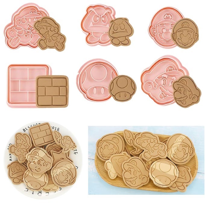 8PCS MARIO CARTOON SHAPED COOKIE CUTTER SET 3D COOKIE CUTTERS FOR BAKING PINK DIY PRESS COOKIE STAMPS MOLDS FOR KIDS FOR DIY BAKING PACK OF 1