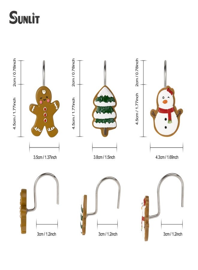 Sunlit Christmas Tree Gingerbread Man Snowman Decorative Shower Curtain Hooks, Green Brown White Shower Curtain Rings, Resin, Xmas Theme Winter Holiday Bathroom Decoration, Set of 12 - Image 2