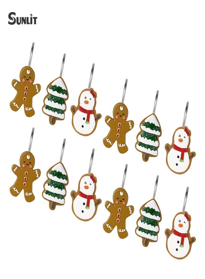Sunlit Christmas Tree Gingerbread Man Snowman Decorative Shower Curtain Hooks, Green Brown White Shower Curtain Rings, Resin, Xmas Theme Winter Holiday Bathroom Decoration, Set of 12 - Image 3