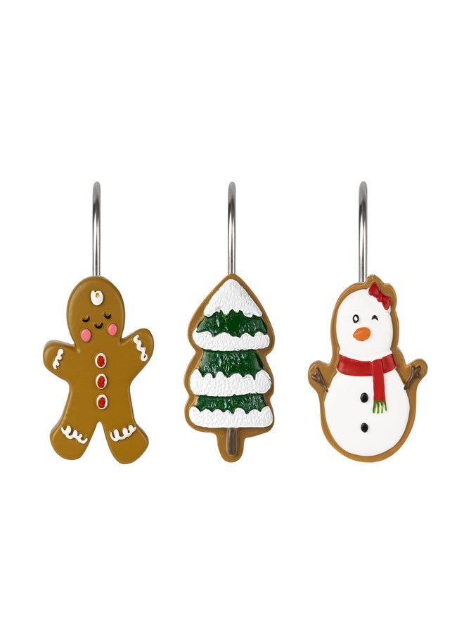 Sunlit Christmas Tree Gingerbread Man Snowman Decorative Shower Curtain Hooks, Green Brown White Shower Curtain Rings, Resin, Xmas Theme Winter Holiday Bathroom Decoration, Set of 12 - Image 1