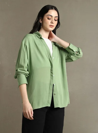 دينيس لينغو Women's Sage Green 100% Rayon Solid Oversized Shirt