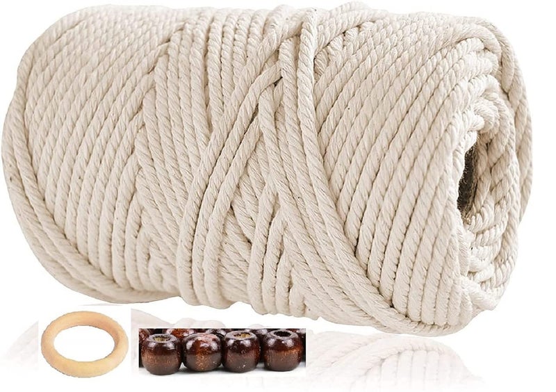SRIVI Single Strand Cotton Cord 100 Meter 4 mm and 1 Wooden Ring 4 Beeds Free Cotton Thread for Wall Hangers and Other DIY Projects Off White Cord No134 - Image 1