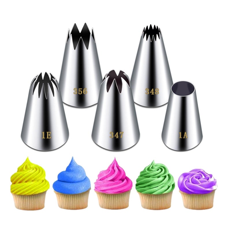Suuker Large Piping Tips Set Stainless Steel Frosting Piping Kit 5 Pieces Pastry Cake Decorating Tips Baking Tools for Cookies Cupcake Decorating Kit 1A 1E 348 347 356