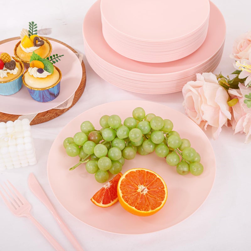 ejonirinjonir EI 150pcs Pink Plastic Plates Pink Disposable Heavy Duty Plastic Plates for Party Dinnerware Set Pink Plastic Silverware for Party Wedding - Image 4