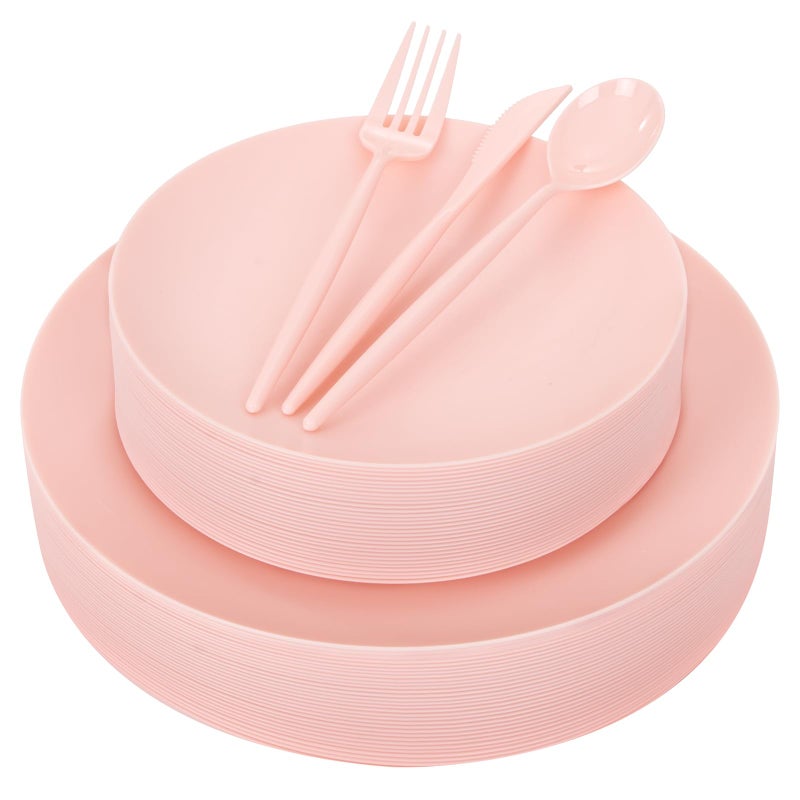 ejonirinjonir EI 150pcs Pink Plastic Plates Pink Disposable Heavy Duty Plastic Plates for Party Dinnerware Set Pink Plastic Silverware for Party Wedding - Image 1